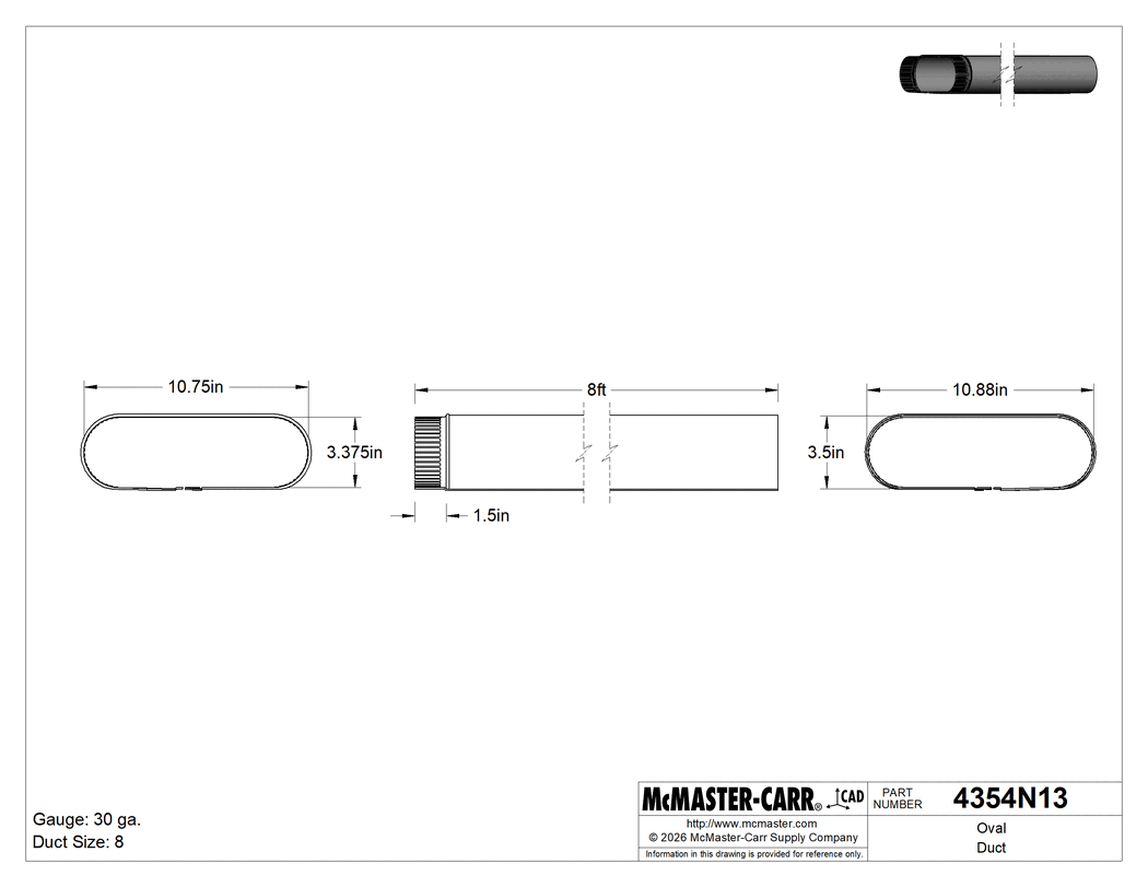 Technical Drawing of Oval Duct, Galvanized Steel, Duct Size 8, 8 Feet Long.